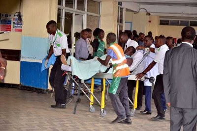 One of the victims injured during the Riverside attack is received at Kenyatta National Hospital on January 15.