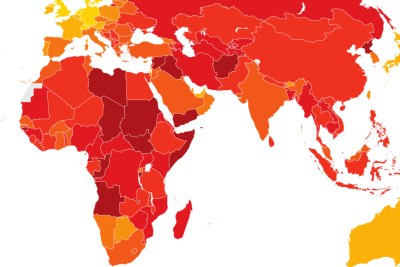 Perceptions of corruption across Africa: The darker the red, the more corrupt a country is perceived to be, with those marked in yellow hues judged less corrupt.