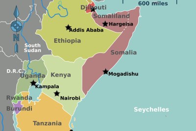 A map showing Kenya and Somalia.