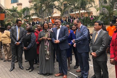 Cabinet Secretaries for Tourism Najib Balala (3rd right), Sports Amina Mohamed (3rd left) and Defence Raychelle Omamo among other dignitaries during the reopening of DusitD2 hotel on July 31, 2019.