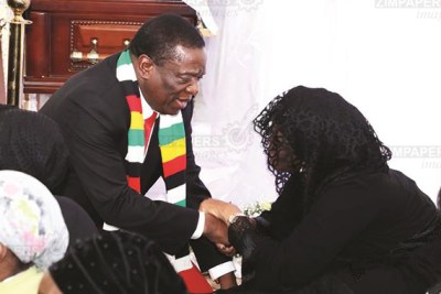 President Emmerson Mnangagwa commiserates with former president Robert Mugabe’s widow Grace Mugabe in Borrowdale Brooke, Harare.