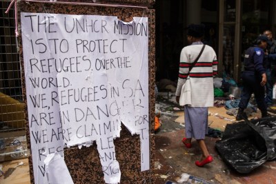 A sign put up by the refugees (file photo).