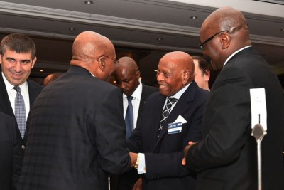 Former president Jacob Zuma and Lifetime Business Award recipient Richard Maponya at the SATBA Business Awards held in Sandton, Johannesburg (file photo).