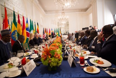 President Donald J. Trump addressing a working luncheon in New York with the leaders of Cote d’Ivoire, Ghana, Guinea, Namibia, Nigeria, Senegal, South Africa, and Uganda.