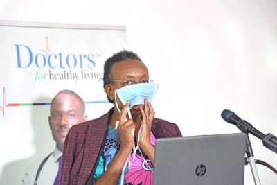 Ruth Nduati, a consultant paediatrician, wears a mask during the launch of ‘Break the Chain Initiative’ at Apple Wood Park in Nairobi on March 30, 2020.