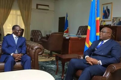 Le président congolais Félix Tshisekedi (d.) et Sylvestre Ilunga Ilunkamba, en mai 2019 à Kinshasa (illustration).