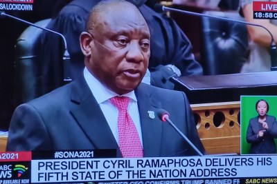 South African President Cyril Ramaphosa delivers his State of the Nation address on February 11, 2021