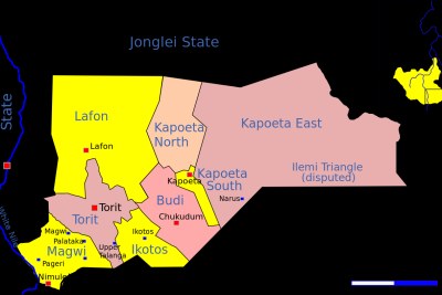 A sketch map of Eastern Equatoria state in South Sudan, showing the border with Kenya and Uganda.