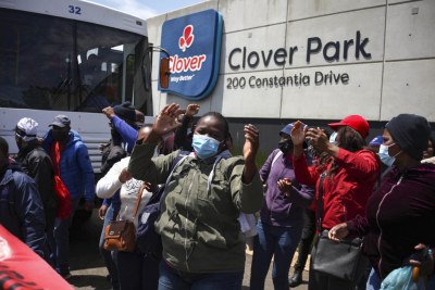 Protesters including Fawu, Giwusa and Inqubelaphambili Trade Union members at Clover’s head office in Constantia Kloof, Roodekop on December 2, 2021.