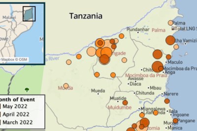 The coloured rings in this excerpt from a map of northern Mozambique show the incidence of 
