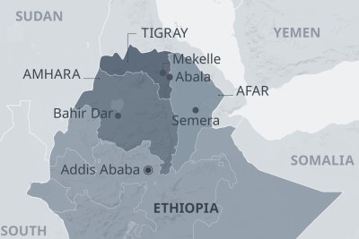 Une carte de l'Éthiopie, montrant les États régionaux du Tigré, d'Amhara et d'Afar.