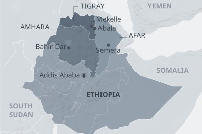 A map of Ethiopia, showing the regional states of Tigray, Amhara and Afar.