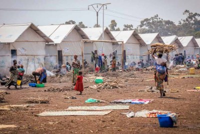 A camp for displaced people, set up at Tata Mwami Ndeze Rugabo II stadium in Rutshuru. About 166,000 people have been displaced in Rutshuru territory since the beginning of the M23 crisis in March 2022.