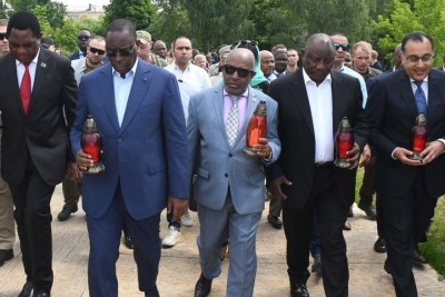 African leaders commemorated the dead at Bucha, Ukraine, where hundreds of civilians were killed by Russian troops early in the war. From left, President Hakainde Hichilema of Zambia, President Macky Sall of Senegal, President Azali Assoumani of the Comoros (and current President of the African Union), President Cyril Ramaphosa of South Africa and Prime Minister Mostafa Madbouli of Egypt. They held talks with both President Volodymyr Zelenskyy of Ukraine and President Vladimir Putin of Russia during their mission.
