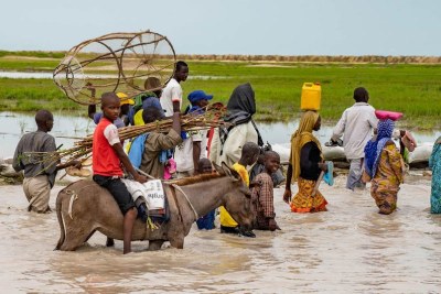 Residents of Rann, in north-east Nigeria, wade through the flooded main road, which is now inaccessible by vehicle (file photo).