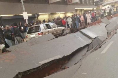 A picture shared by Johannesburg mayor Kabelo Gwamanda, shows the damage to Lilian Ngoyi Street (formerly Bree Street) caused by an explosion on  July 19, 2023.