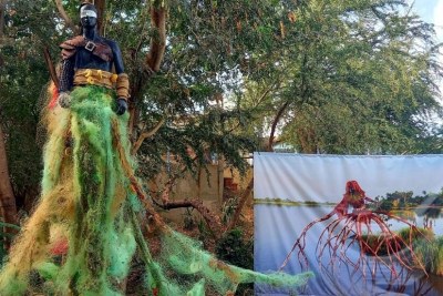 Sculpture de l'artiste Fabrice Monteiro présentée à l'Oceanium dans le cadre de la Biennale de Dakar, en mai 2022
